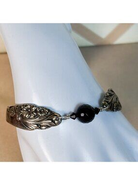 Black Glass Spoon Bracelet Vintage Upcycled Lobster Claw Clasp Size 6 A67